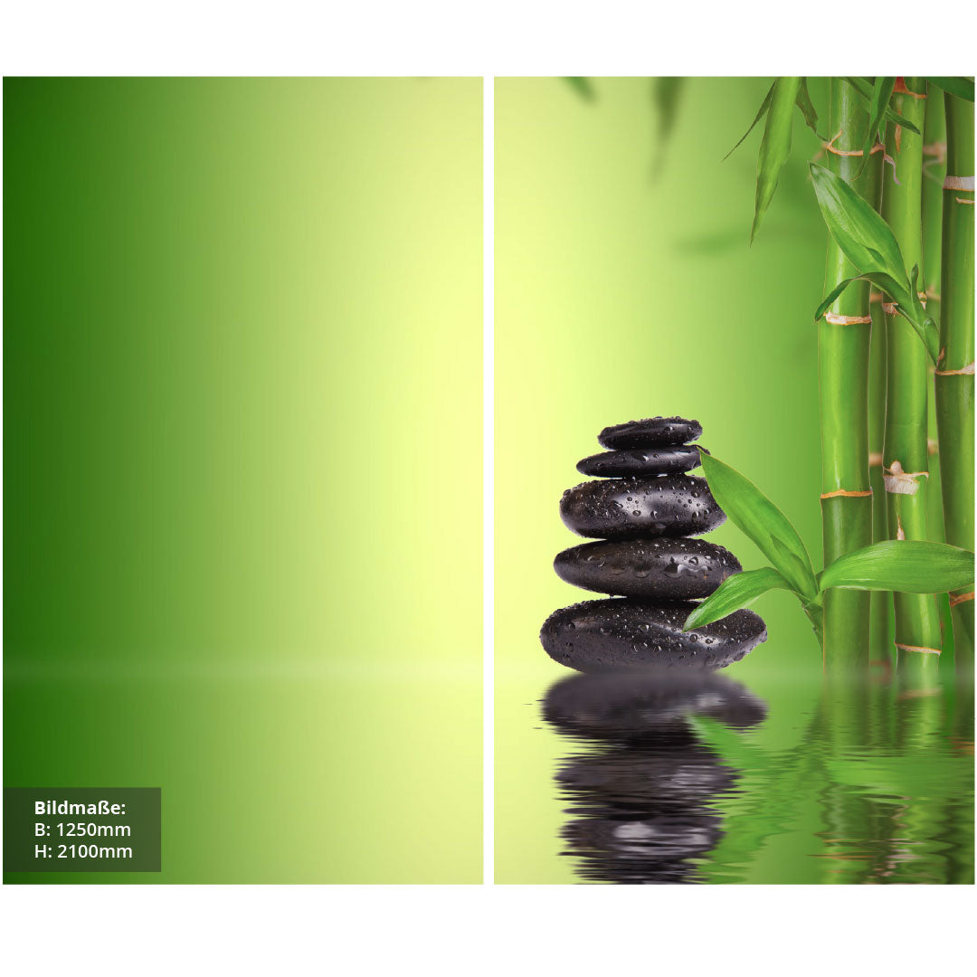 Bambus Wasser Zensteine über Eck Set, fugenlose Wandpaneele aus Alu-Verbund 3mm, Duschrückwand - Duschrückwand-Platten