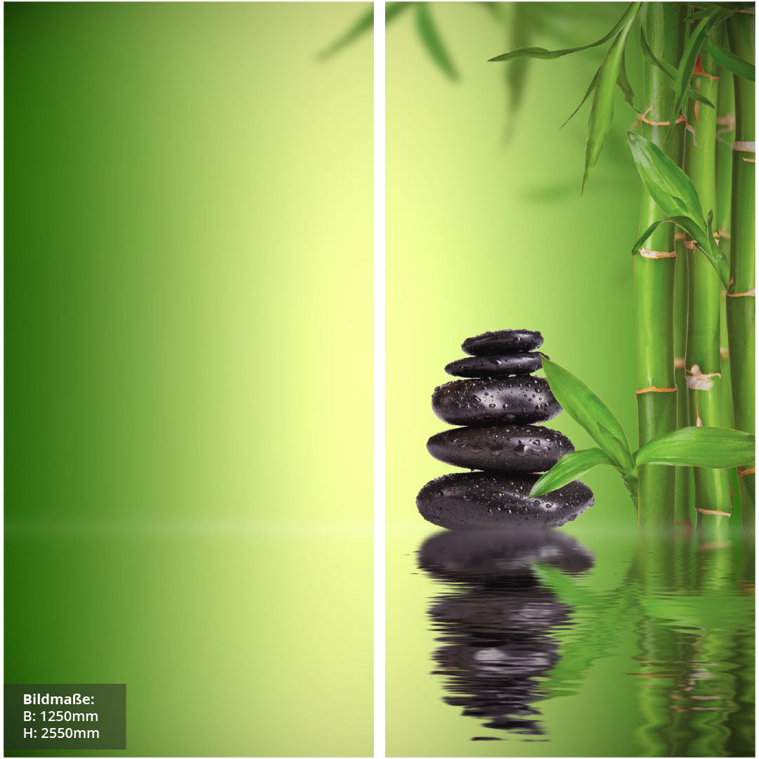 Bambus Wasser Zensteine über Eck Set, fugenlose Wandpaneele aus Alu-Verbund 3mm, Duschrückwand - Duschrückwand-Platten