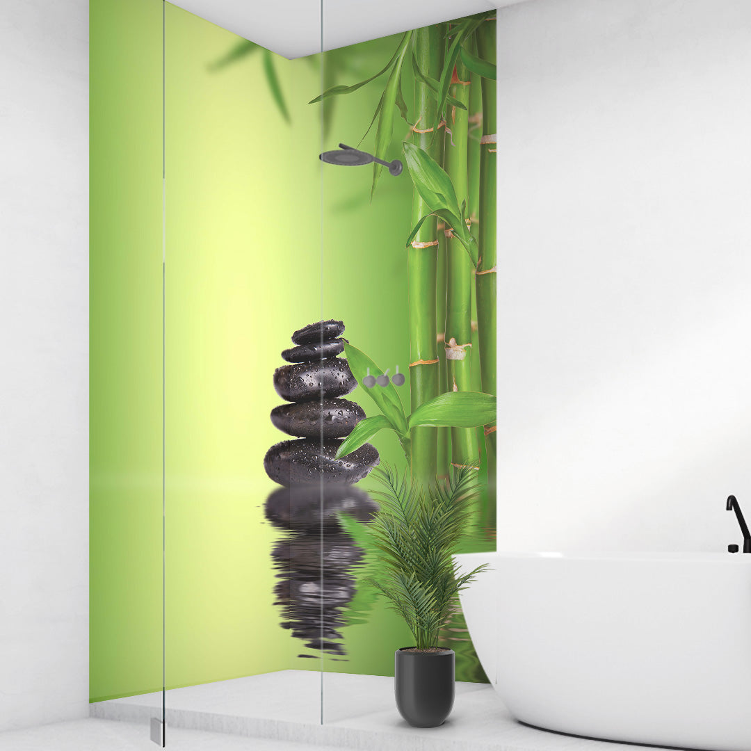 Bambus Wasser Zensteine über Eck Set, fugenlose Wandpaneele aus Alu-Verbund 3mm, Duschrückwand - Duschrückwand-Platten