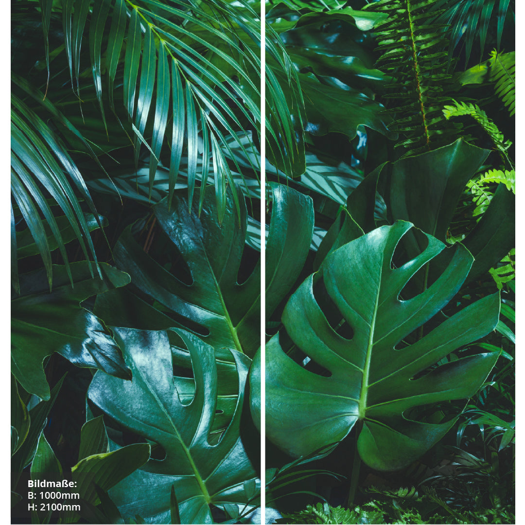 Jungle über Eck Set, fugenlose Wandpaneele aus Alu-Verbund 3mm, Duschrückwand