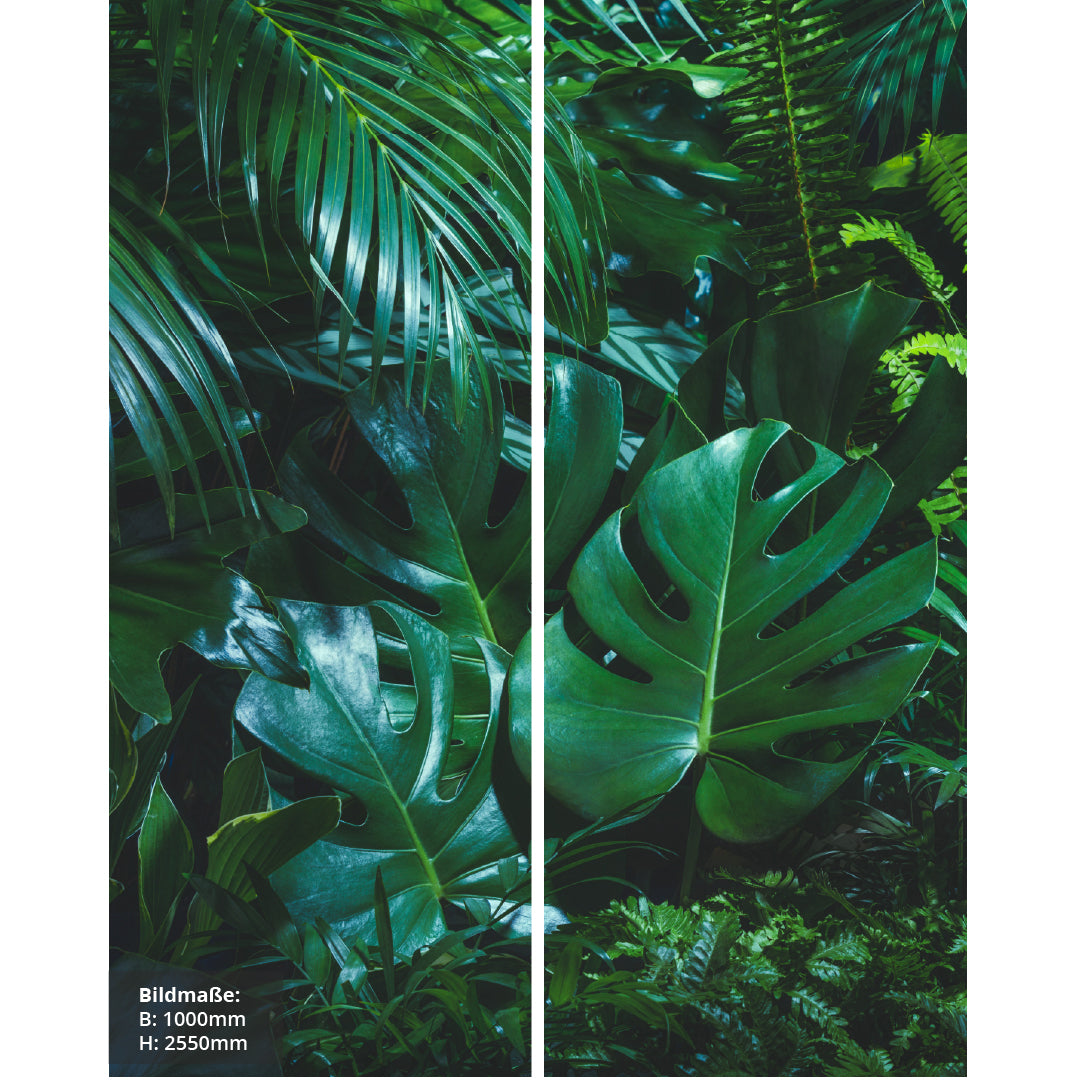 Jungle über Eck Set, fugenlose Wandpaneele aus Alu-Verbund 3mm, Duschrückwand