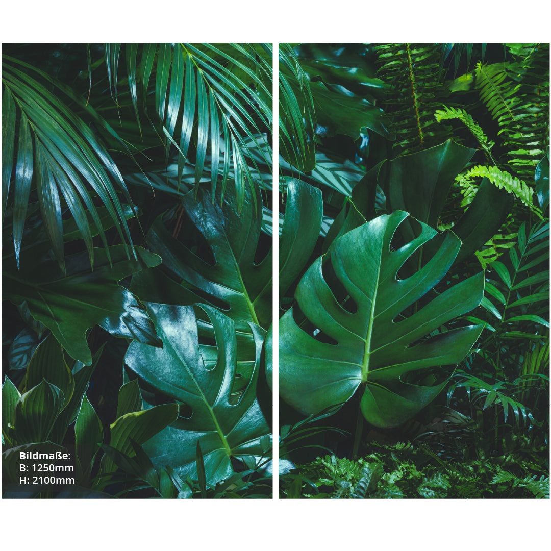 Jungle über Eck Set, fugenlose Wandpaneele aus Alu-Verbund 3mm, Duschrückwand