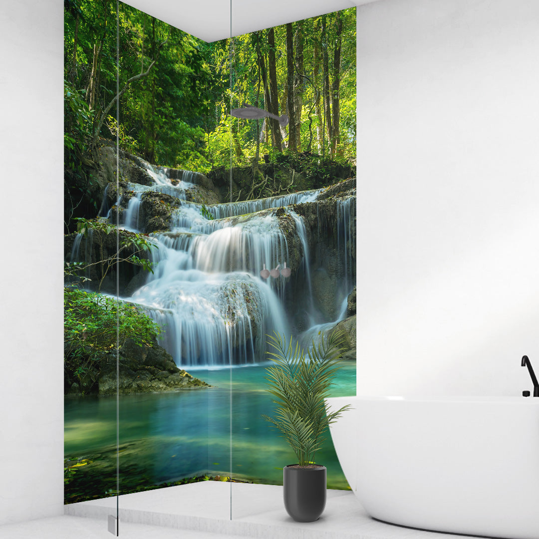 Natur Wasserfall über Eck Set, fugenlose Wandpaneele aus Alu-Verbund 3mm, Duschrückwand - Duschrückwand-Platten