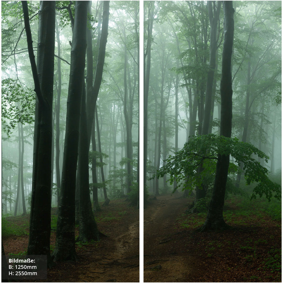 Nebel im Wald über Eck Set, fugenlose Wandpaneele aus Alu-Verbund 3mm, Duschrückwand