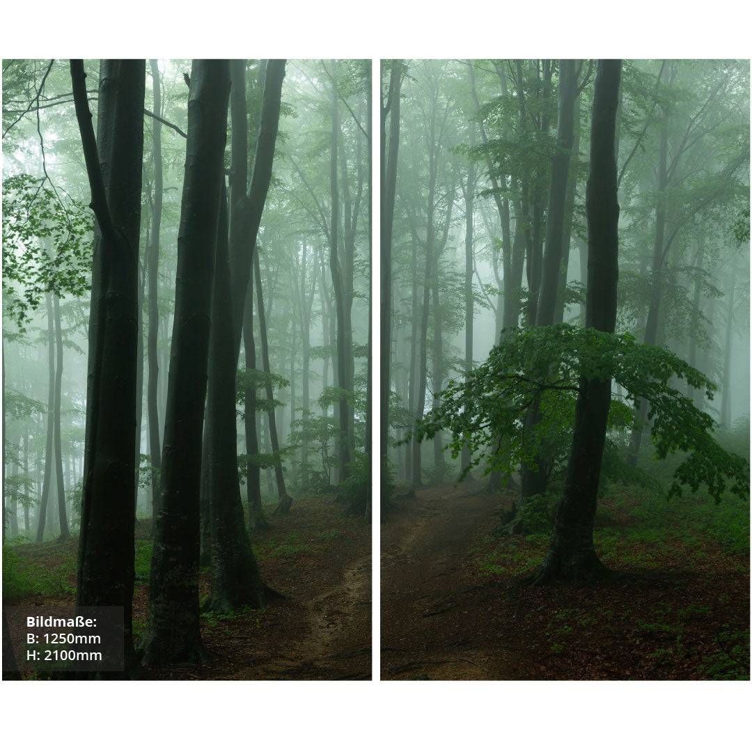 Nebel im Wald über Eck Set, fugenlose Wandpaneele aus Alu-Verbund 3mm, Duschrückwand