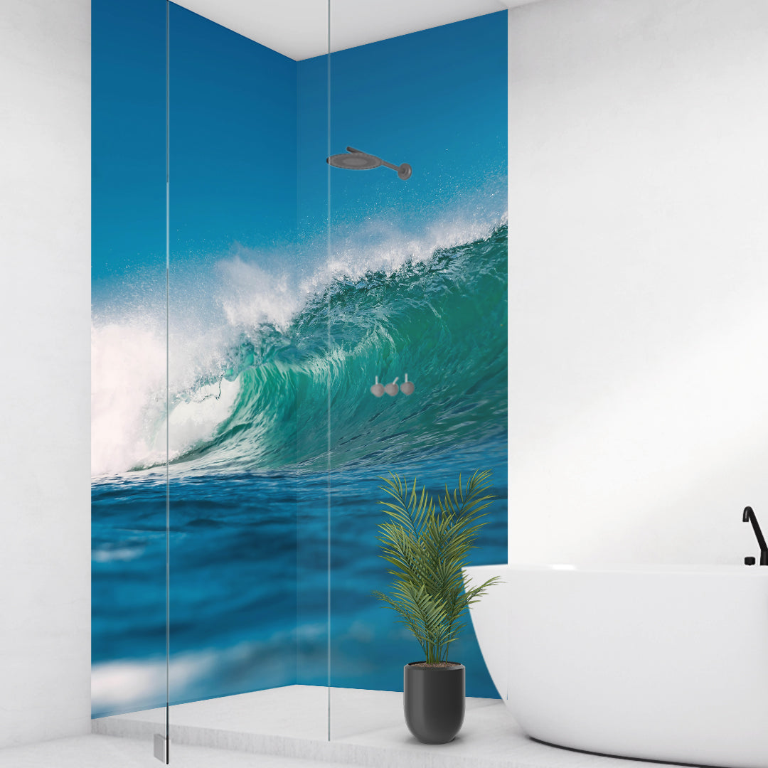 Ozeanwelle über Eck Set, fugenlose Wandpaneele aus Alu-Verbund 3mm, Duschrückwand - Duschrückwand-Platten
