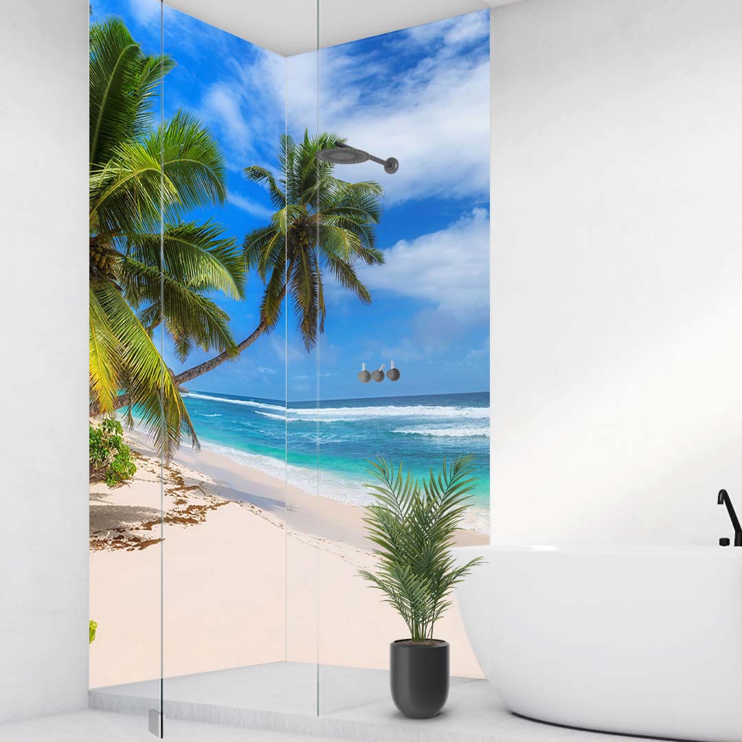 Paradies Strand über Eck Set, fugenlose Wandpaneele aus Alu-Verbund 3mm, Duschrückwand - Duschrückwand-Platten