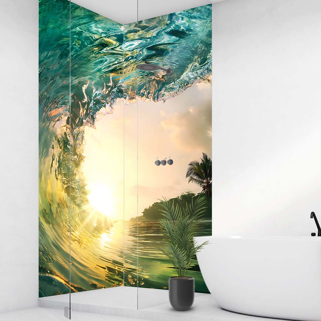 Sonnenuntergang Welle über Eck Set, fugenlose Wandpaneele aus Alu-Verbund 3mm, Duschrückwand - Duschrückwand-Platten