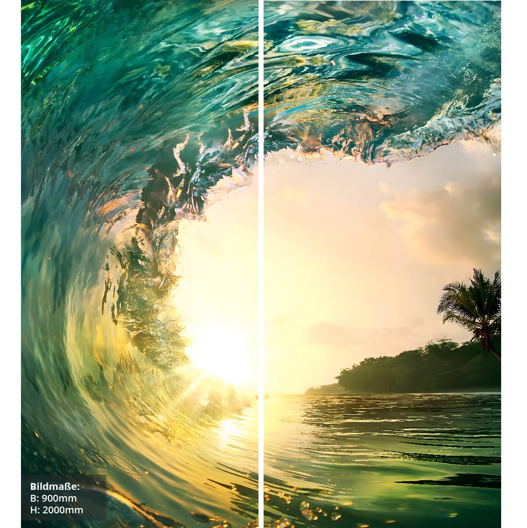Sonnenuntergang Welle über Eck Set, fugenlose Wandpaneele aus Alu-Verbund 3mm, Duschrückwand - Duschrückwand-Platten