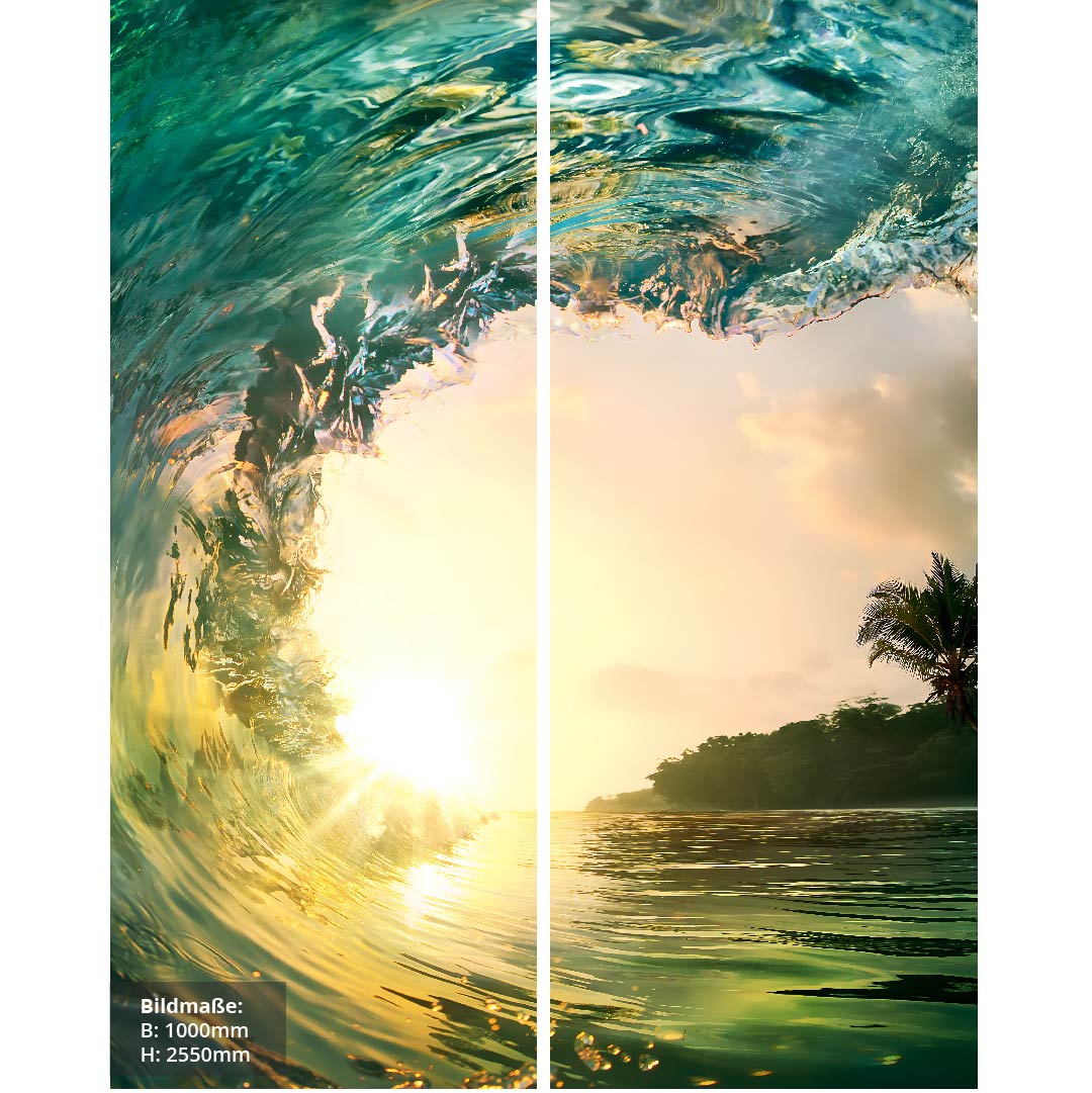 Sonnenuntergang Welle über Eck Set, fugenlose Wandpaneele aus Alu-Verbund 3mm, Duschrückwand - Duschrückwand-Platten