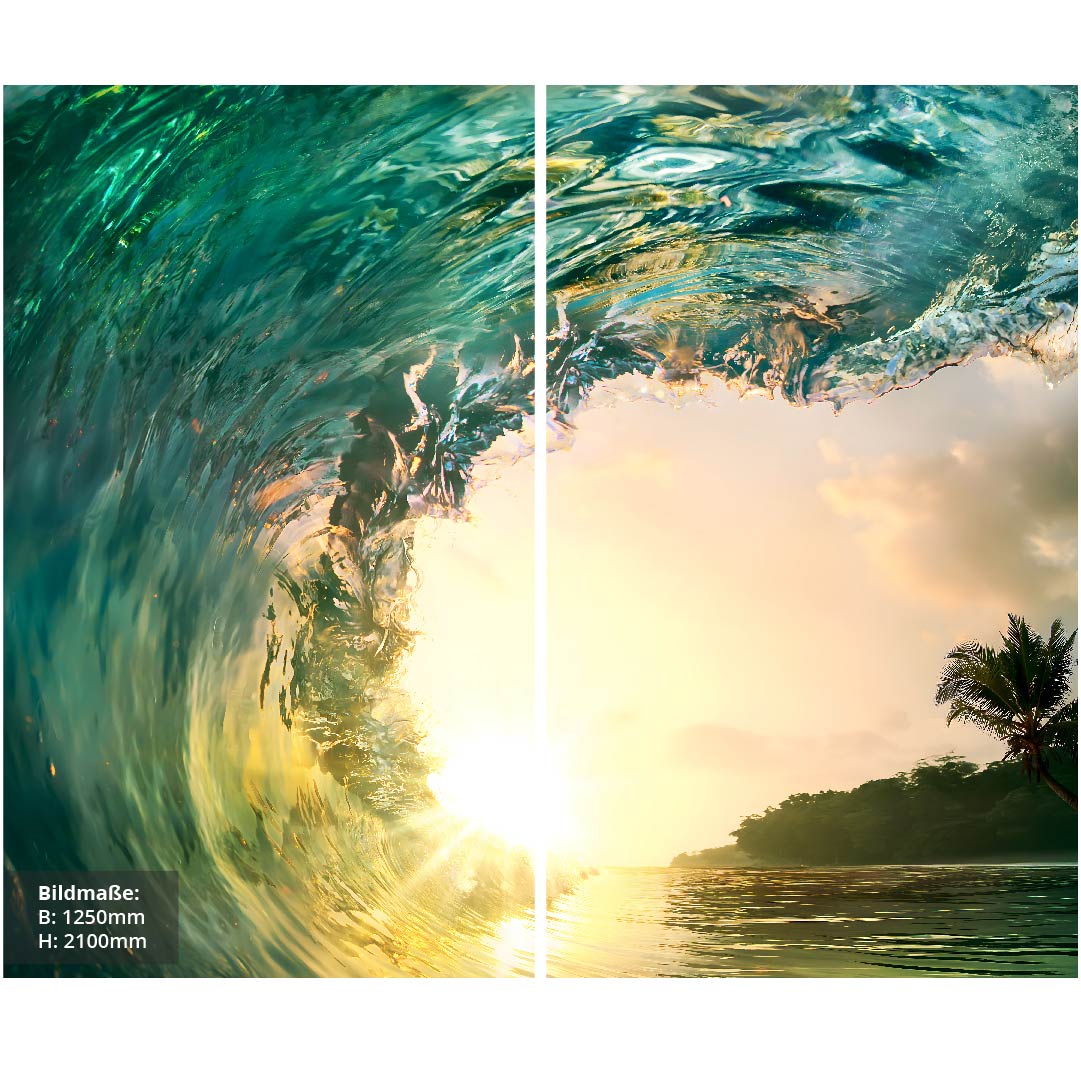 Sonnenuntergang Welle über Eck Set, fugenlose Wandpaneele aus Alu-Verbund 3mm, Duschrückwand - Duschrückwand-Platten