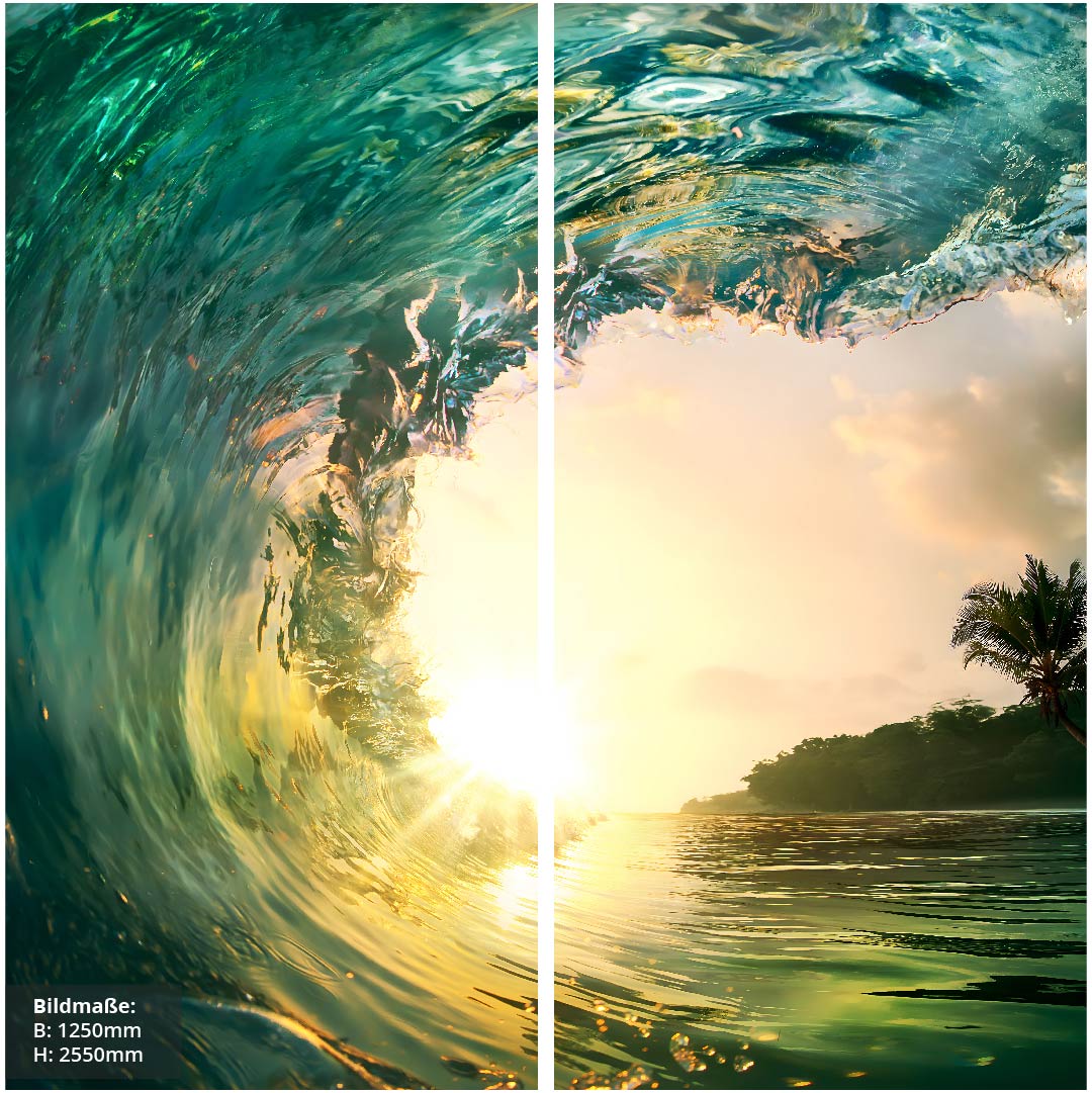 Sonnenuntergang Welle über Eck Set, fugenlose Wandpaneele aus Alu-Verbund 3mm, Duschrückwand - Duschrückwand-Platten