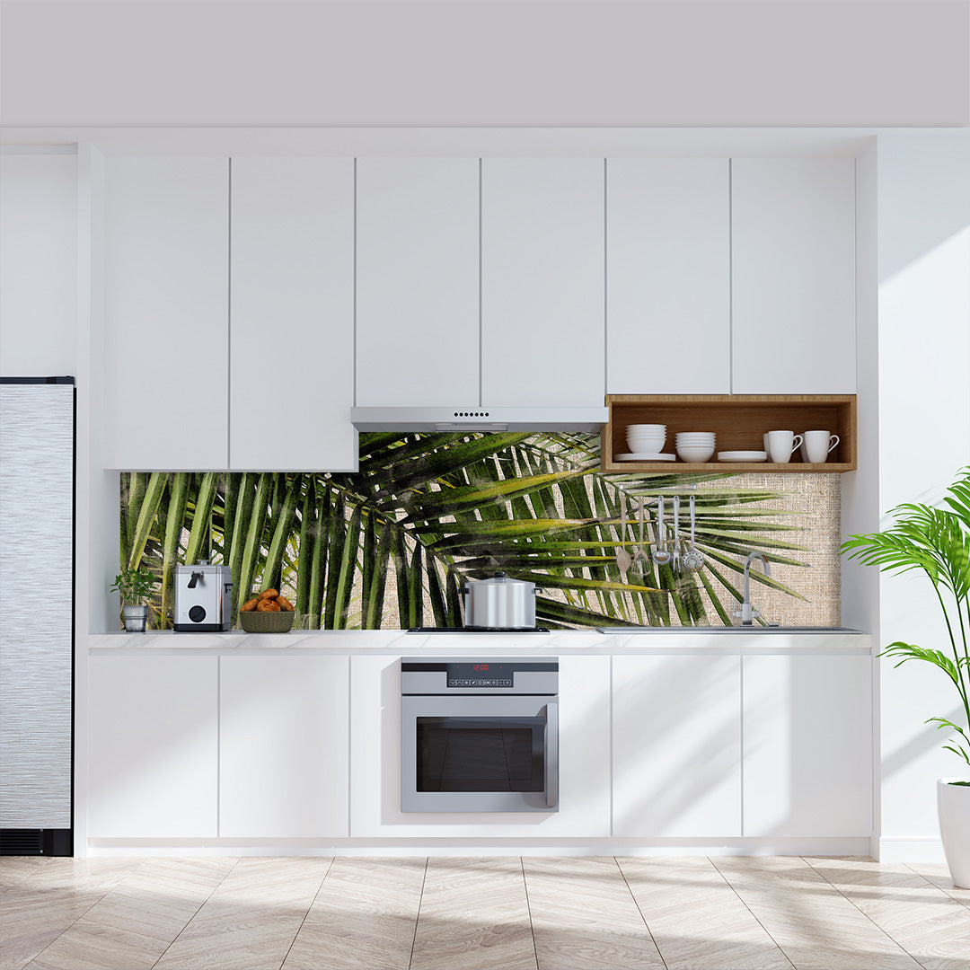 Vintage Palmen, fugenlose Wandpaneele aus Alu-Verbund 3mm, Küchenrückwand - duschrückwand-platten.de