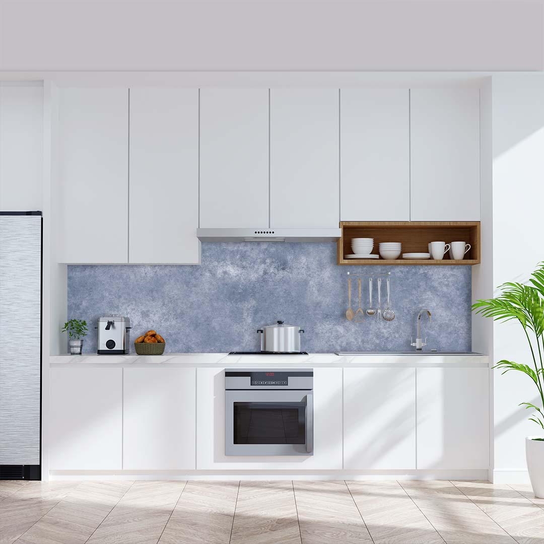 Beton Blau, fugenlose Wandpaneele aus Alu-Verbund 3mm, Küchenrückwand - duschrückwand-platten.de