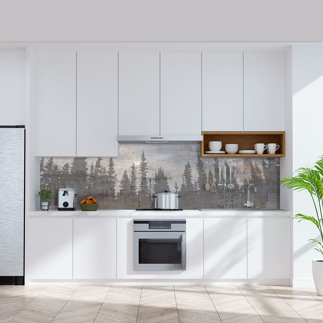 Tannen auf Metall Loft, fugenlose Wandpaneele aus Alu-Verbund 3mm, Küchenrückwand - duschrückwand-platten.de