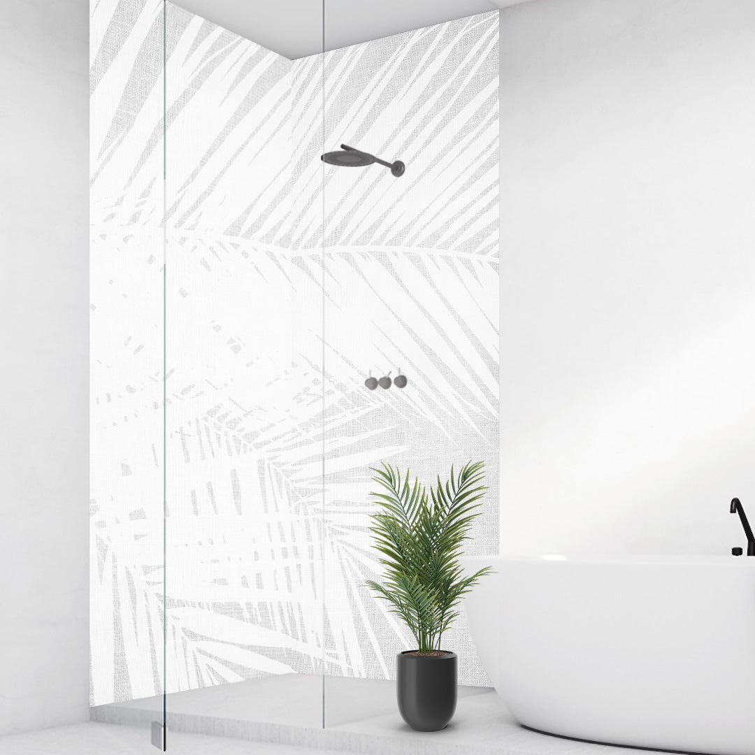 Palmen Vintage weiss über Eck Set, fugenlose Wandpaneele aus Alu-Verbund 3mm, Duschrückwand - duschrückwand-platten.de