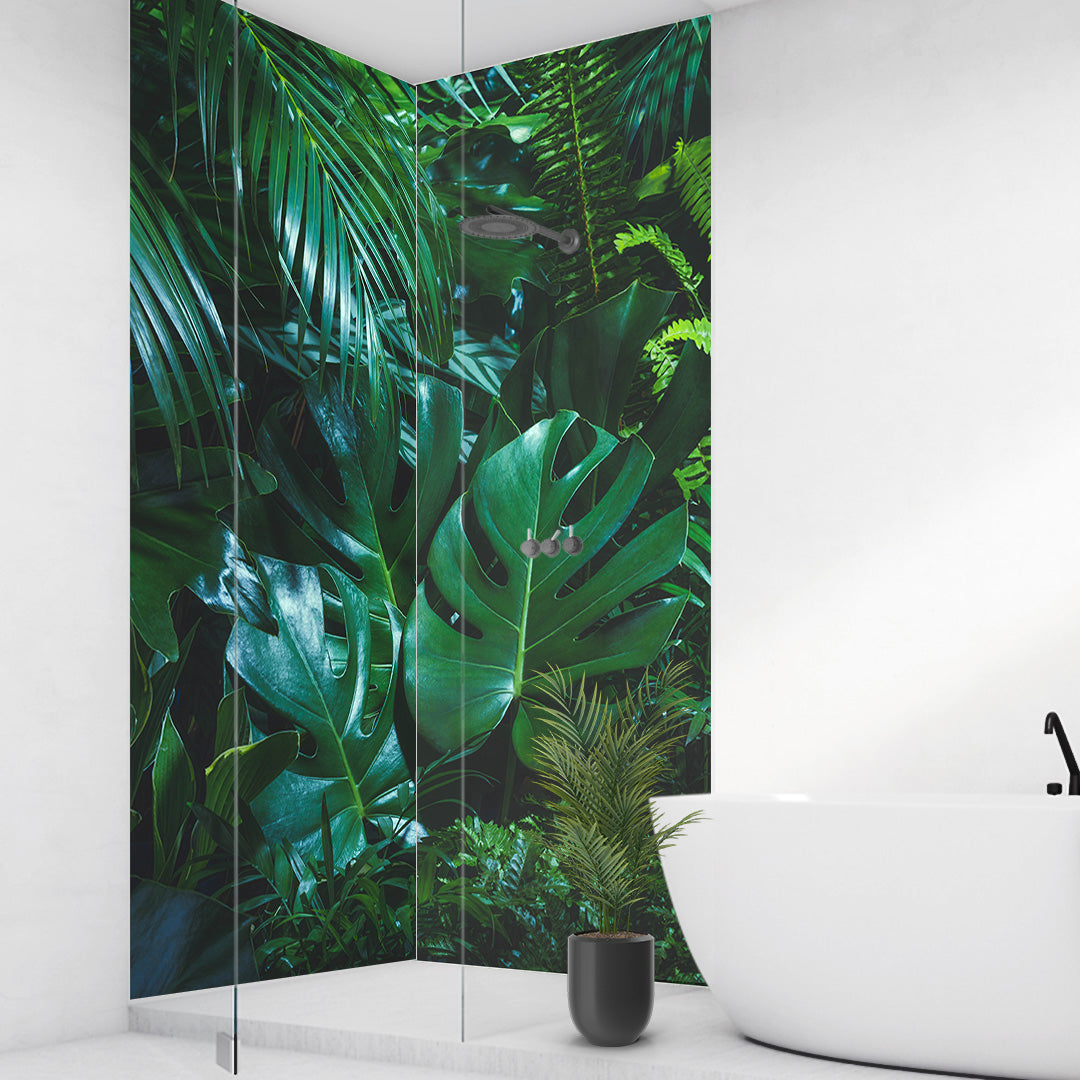 Jungle über Eck Set, fugenlose Wandpaneele aus Alu-Verbund 3mm, Duschrückwand