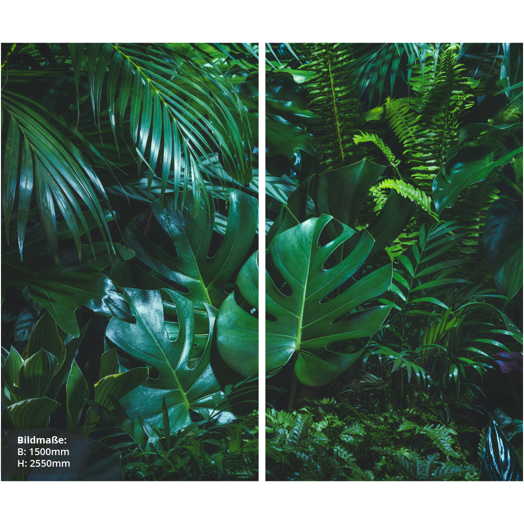 Jungle über Eck Set, fugenlose Wandpaneele aus Alu-Verbund 3mm, Duschrückwand