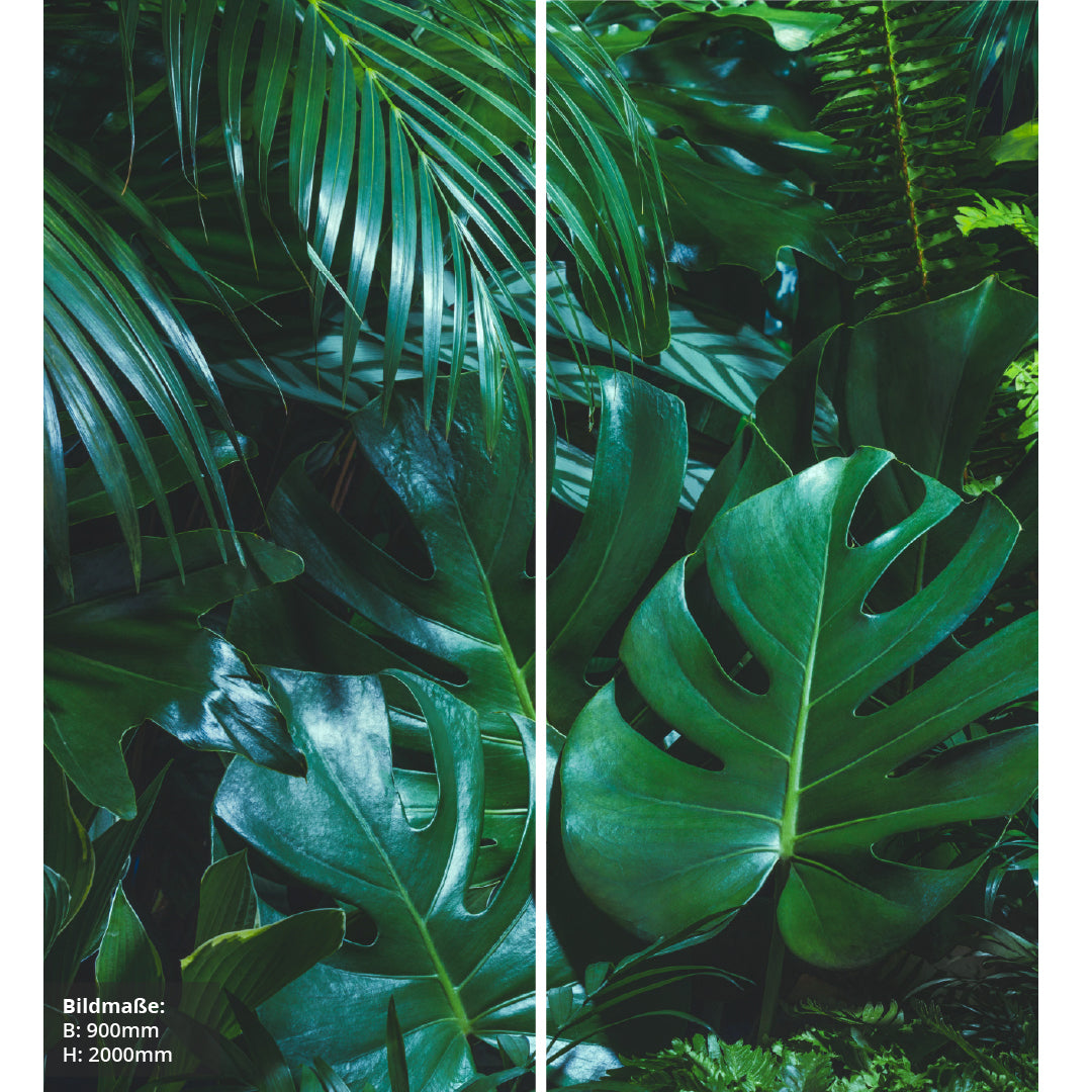 Jungle über Eck Set, fugenlose Wandpaneele aus Alu-Verbund 3mm, Duschrückwand