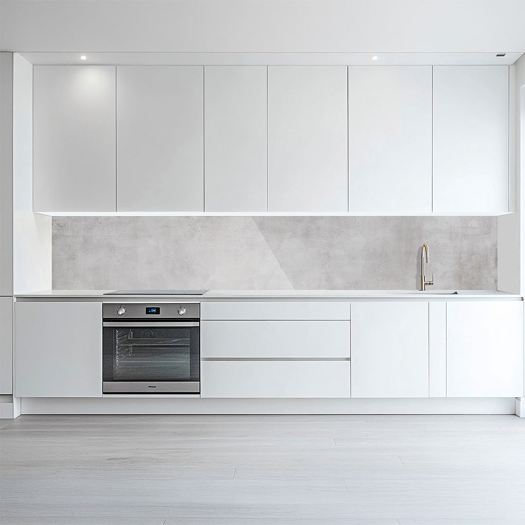 Beton Soft Grey, glänzende Küchenrückwand aus Acryl auf Alu-Verbund