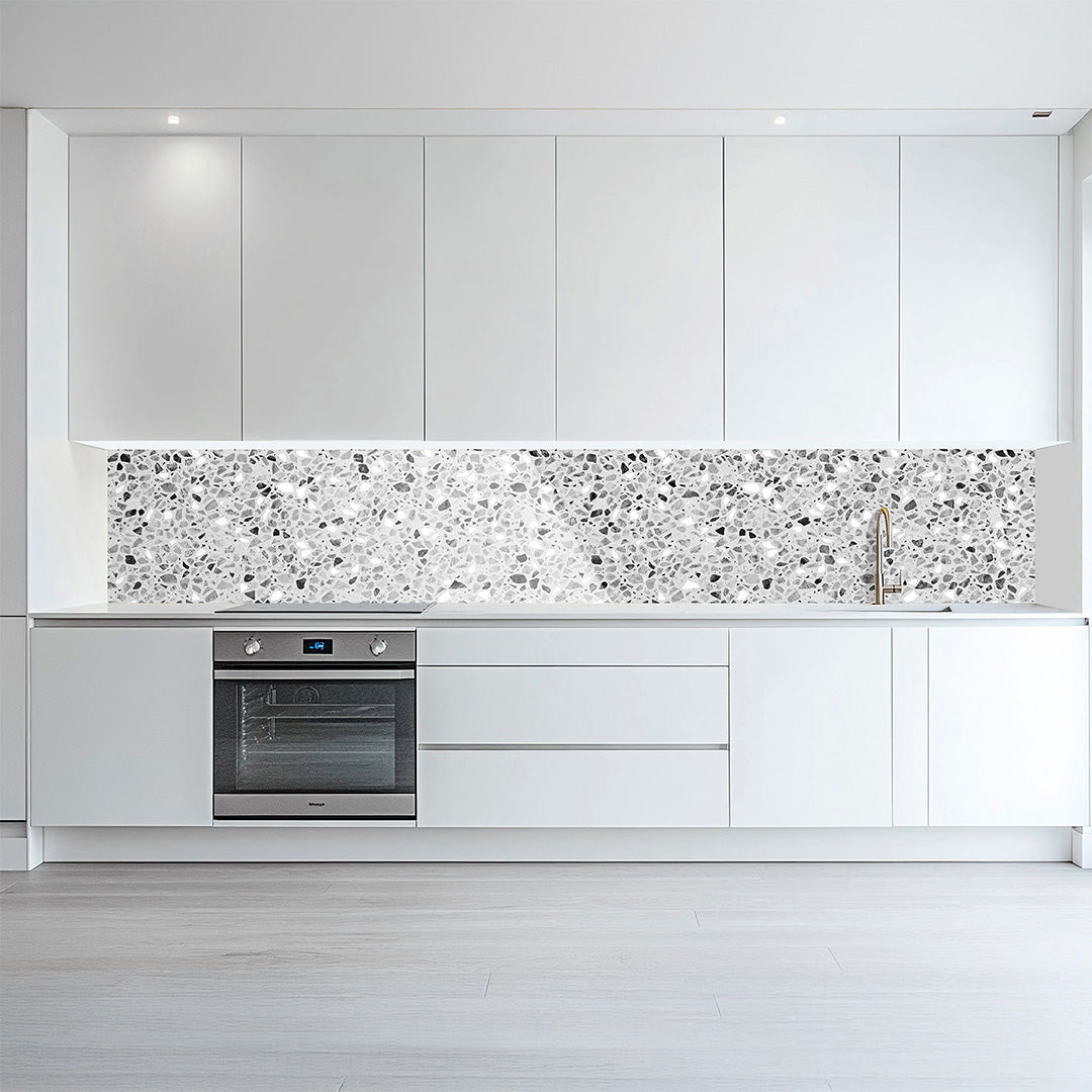 Terrazzo Stein, glänzende Küchenrückwand aus Acryl auf Alu-Verbund