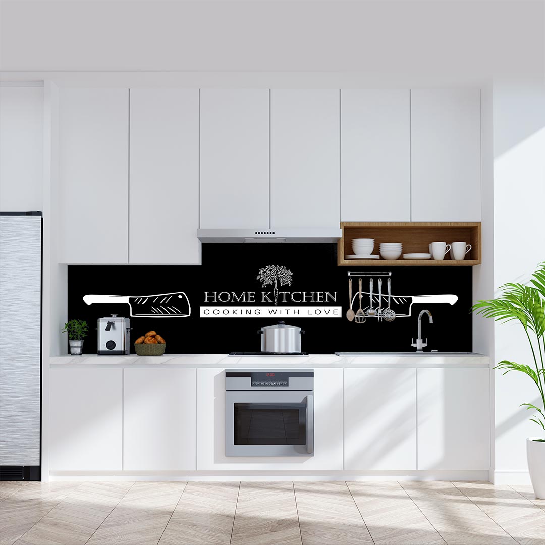 Home Kitchen schwarz, fugenlose Wandpaneele aus Alu-Verbund 3mm, Küchenrückwand - duschrückwand-platten.de