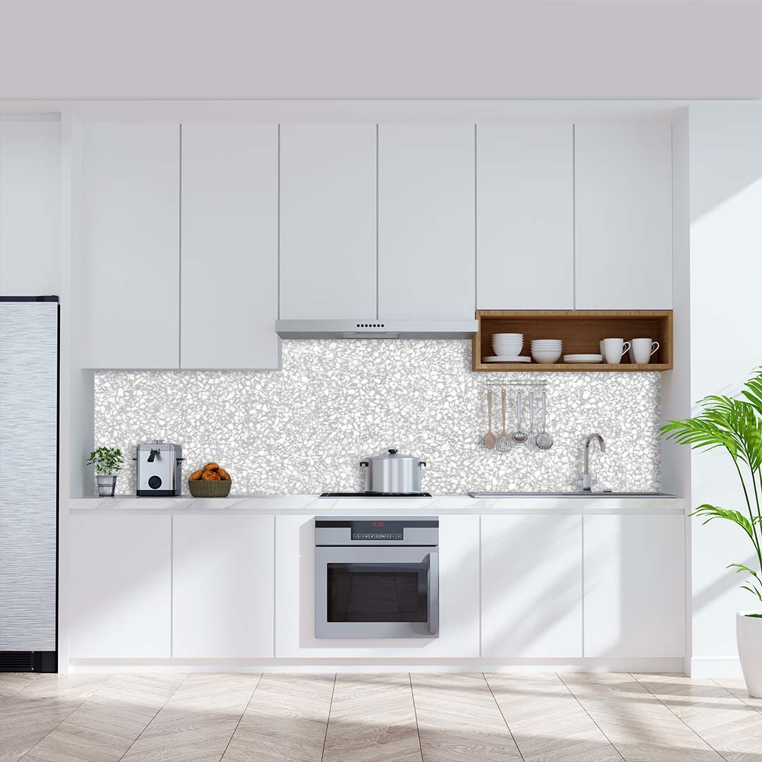 Terrazzo Hellgrau, fugenlose Wandpaneele aus Alu-Verbund 3mm, Küchenrückwand - duschrückwand-platten.de